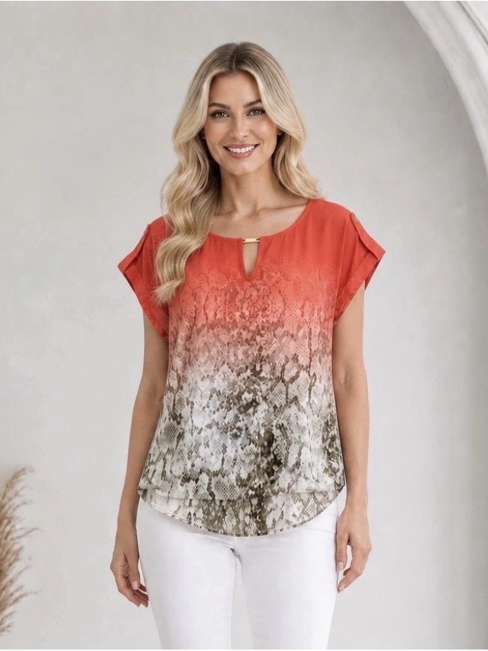 Calvin Klein Coral Ombre Snake-Print Keyhole Blouse